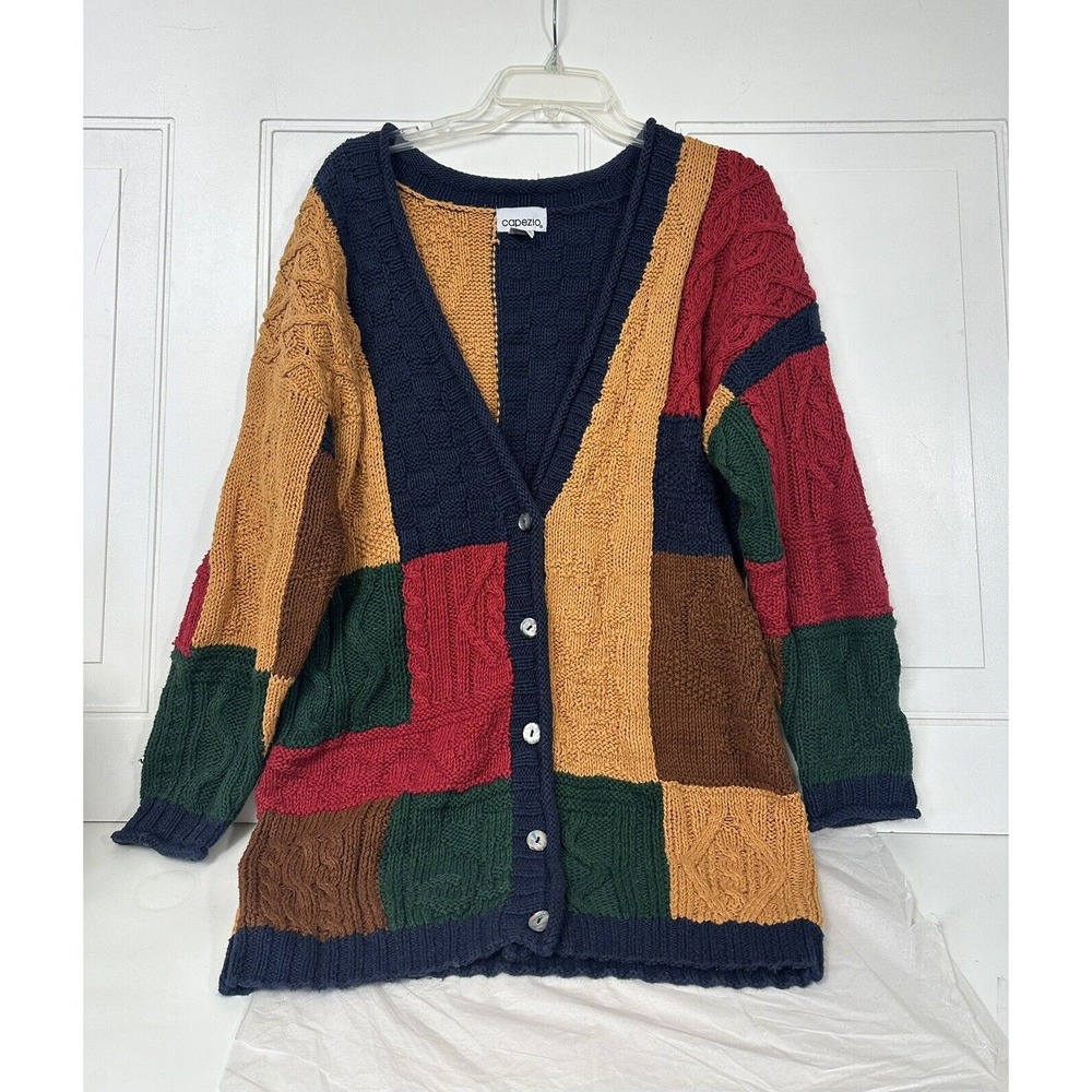 Women's Vtg L Capezio Hip Hop Color block Cable Knit Cardigan Multicolor